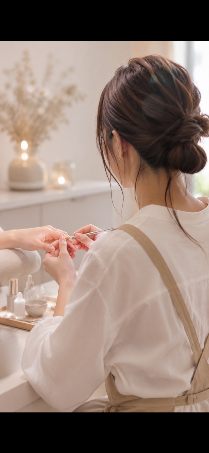 白いシャツとベージュのエプロンを着たネイリストが、自然な自爪を丁寧にケアしている後ろ姿